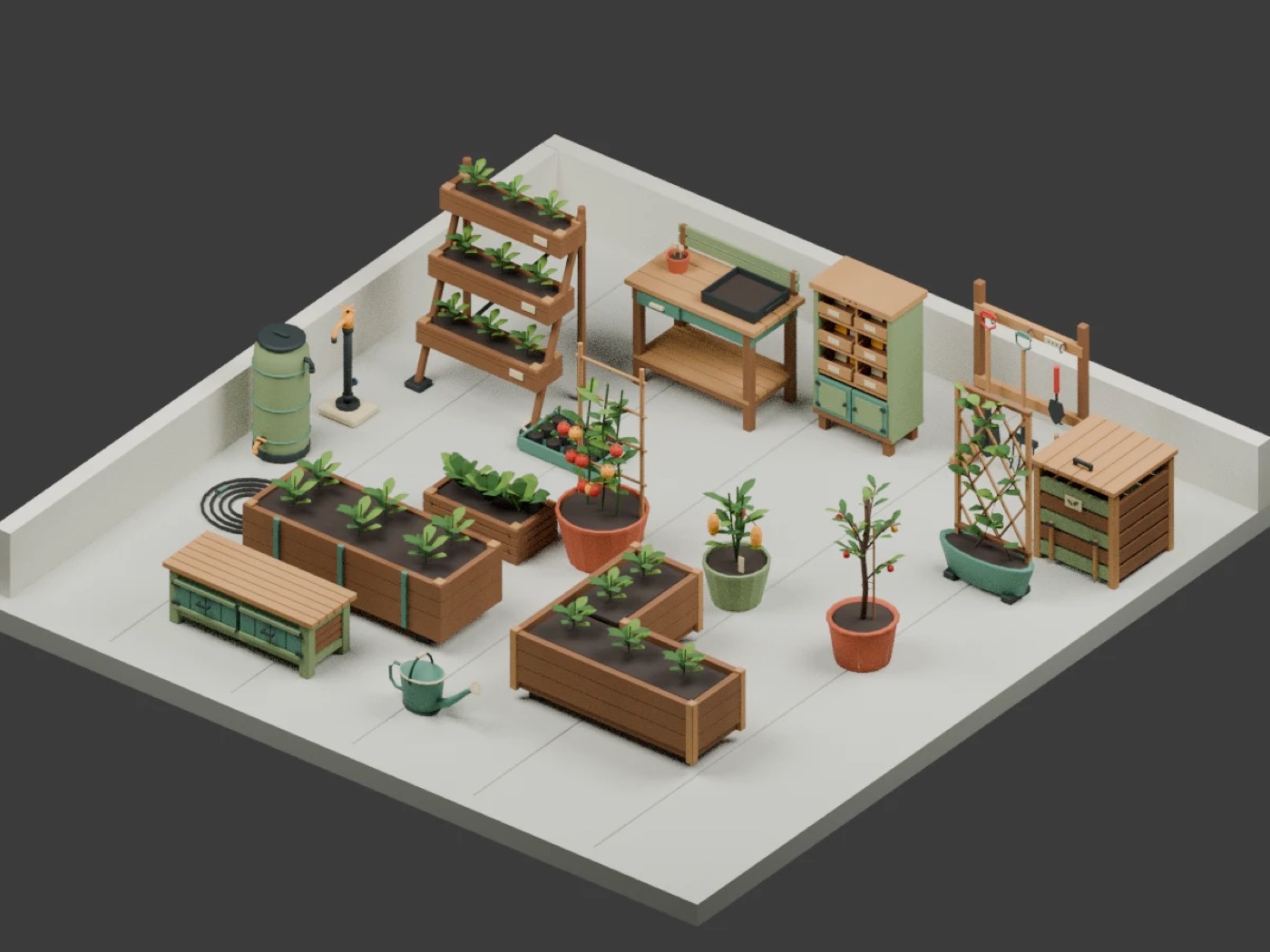 Rooftop Kitchen Garden low-poly 3D scene render by DOT